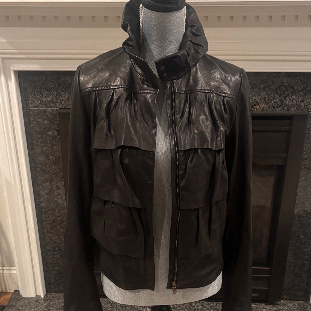 Diane Von Furstenberg Black Leather Cupcake Bomber Jacket
